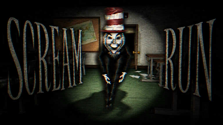 A pale grinning figure in a tall striped hat stands in a dark school corridor, lit from behind.