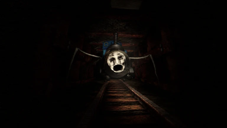 A tank engine with a pale screaming face stands on mine rails in a dark tunnel, supported on long thin spider-like legs.
