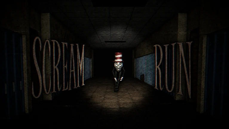 A dark school corridor with lockers along both walls and the words SCREAM and RUN painted large on either side, a small figure standing at the far end.